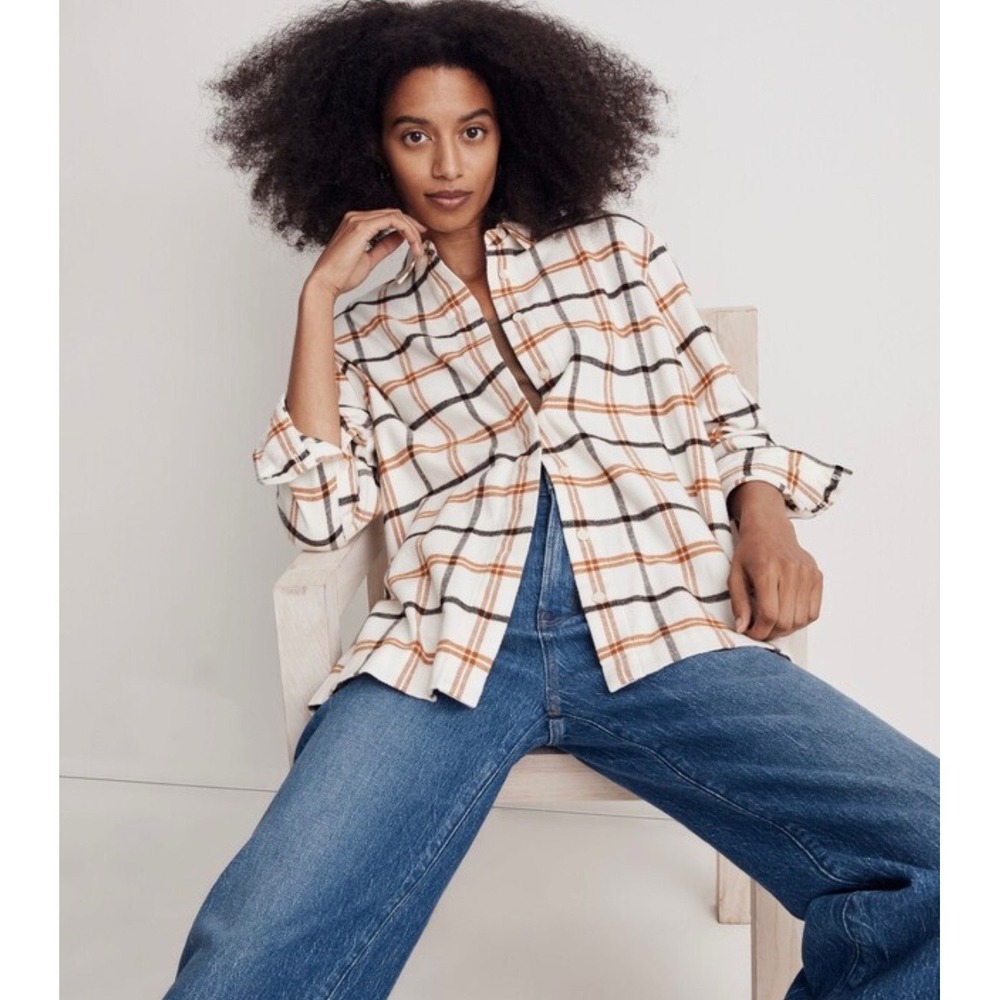 Madewell Womens XL White Brown Plaid Flannel Button Up Shirt Long Sleeve Cotton